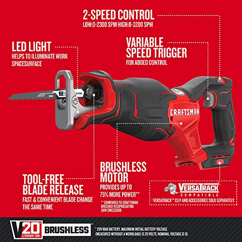 CRAFTSMAN V20 Cordless Reciprocating Saw, 3,200 SPM, Bare Tool Only