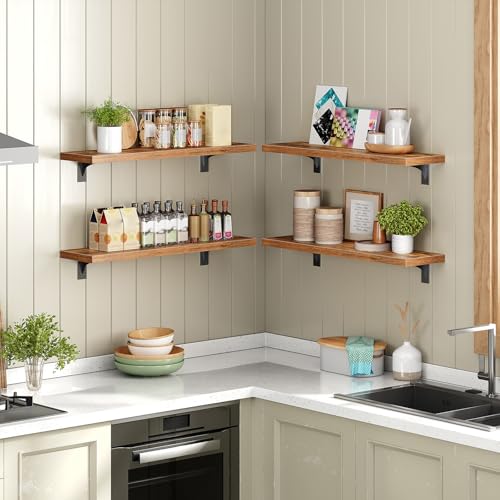 Image of HOOBRO Floating Shelves for Wall, 23.6 inch Wall Mounted Shelves Set of 2, Hanging Storage Shelf with Metal Brackets, Wooden Shelf for Living Room, Bedroom, Bathroom, Rustic Brown and Black BF62BJP201G1