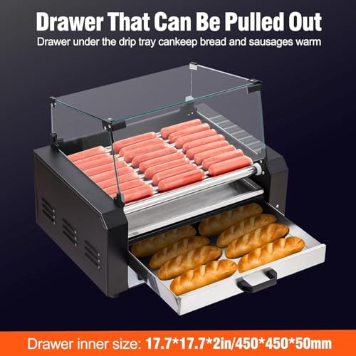 Electric Hot Dog Roller, 9 Rollers Hot Dog Machine, 24 Hot Dogs Capacity, Grill Warmer with Independent Temperature Control, Detachable Glass Hood Cover & Oil Drip Tray, 5-8 Min Quick Cooking