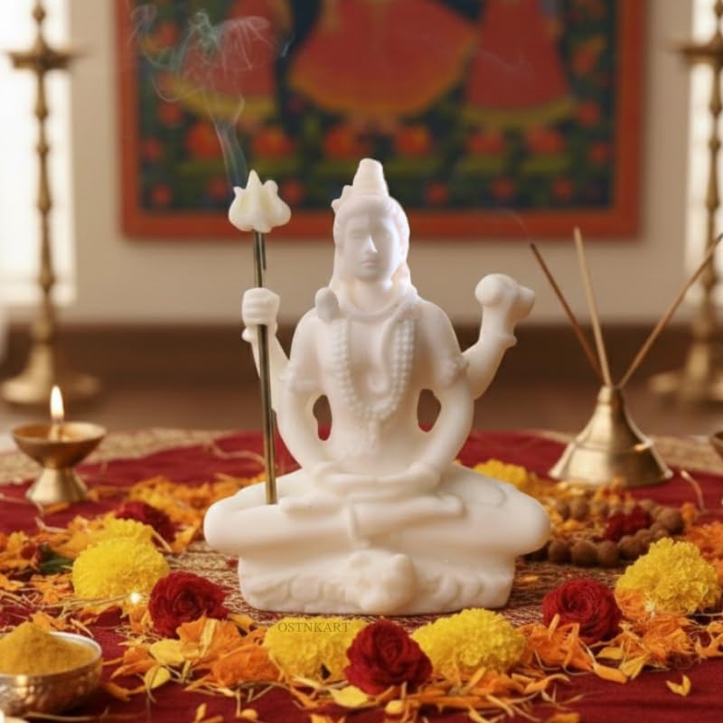 Image of Shiva Statue for Car Dashboard & Home Decor | 3 Inch White Resin Shiv Ji Idol for Pooja Room, Living Room, Office, Spiritual Showpiece & Gift (White,Size -8 * 7 * 3.5 cm,Resin)