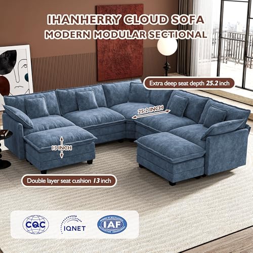 Image of Ihanherry 114 inch V-Shaped Modern Sofa Modular Sectional Cloud Couch with 2 Ottoman, 7-Seat Chenille Deep Seat Sofa with Corner Section for Living Room, Bedroom and Apartment, Blue