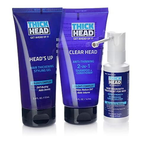 THICK HEAD 30 Days System - Anti-Thinning 2 in 1 Shampoo and Conditioner, 5% Minoxidil Regrowth Treatment and Hair Gel Cover