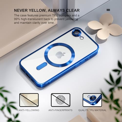 Image of Misea Magnetic for iPhone 17e / 16e Case Compatible with MagSafe | [Never Yellowing] [Military Drop Protection] Full Camera Lens Protector Plating Soft Clear Phone Case for Women, Deep Blue