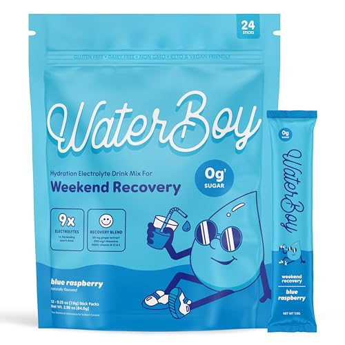 Waterboy Weekend Recovery | 3,187mg Electrolyte Powder Packets | Ginger + L-Theanine + Vitamins | No Sugar, All Natural, Gluten Free | 24 Drink Stick Mixes (Blue Raspberry)