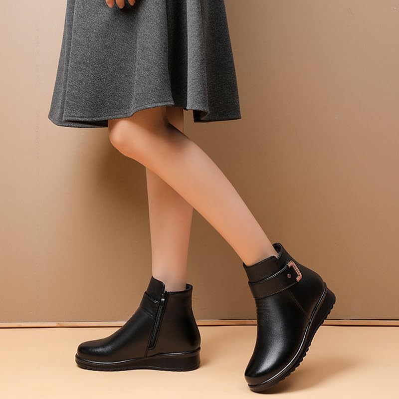 Women's Metal Buckle Genuine Leather Wool Orthopedic Boots,Winter Warm Slip On Fur Lined Snow Boots with Side Zipper - Image 7