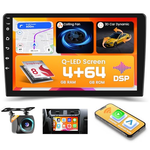 Hikity Qualcomm Snapdragon 8-Core 4+64G Android 15 Radio Coche 2 DIN con Carplay Android Auto inalámbrico, Pantalla Táctil de 10 Pulgadas con Modelo de Coche 3D WiFi GPS BT FM/RDS DSP SWC CAM Mic