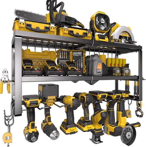 Pryila Power Tool Organizer Wall Mount for 8 Drills, 3 Layer Heavy Duty Metal Tool Rack with Screwdriver & Hammer Holder, Garage Organizers and Storage, Easy Install Workshop Solution