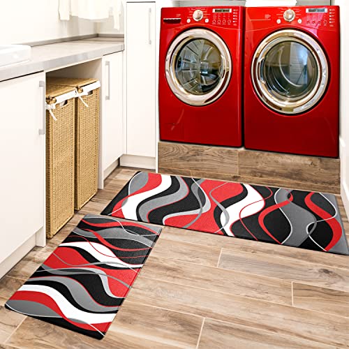 Fnlndo Red And Black Kitchen Rugs And Mats For Floor Anti Fatigue Kitchen Rugs Set Of 2 Red Modern Art Non-Skid Washable Kitchen Mats For Kitchen Sink Laundry (Red, 17.5"X29.5"+17.5"X47") #TOP6