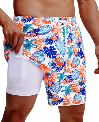Image of Gleeease 7inch Mens Swim Trunks 2 in 1 with Compression Liner Pockets Drawstring Quick Dry Stretch Lined Funny Beach Pool