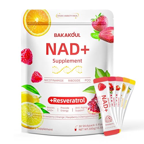 BAKAKOUL NAD Supplements for Men & Women,NAD Powder, NAD Nicotinamide Riboside Resveratrol Liposomal Pyrroloquinoline,NAD+Supplement Alternative,Non-GMO,Sugar-Free,5 Flavors 30 Stickpacks