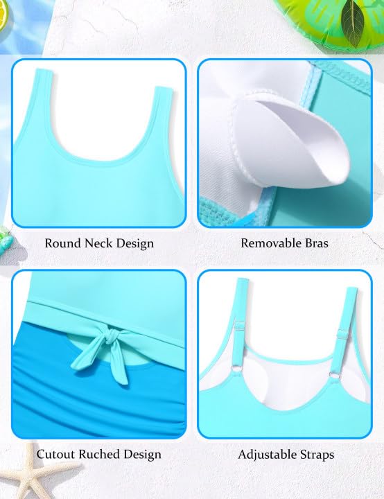 Image of Qaoerde Girls Swimsuit One Piece Swimsuits Cutout Ruched Bathing Suits Adjustable Straps Tie Girls' Swimwear 9-16Y