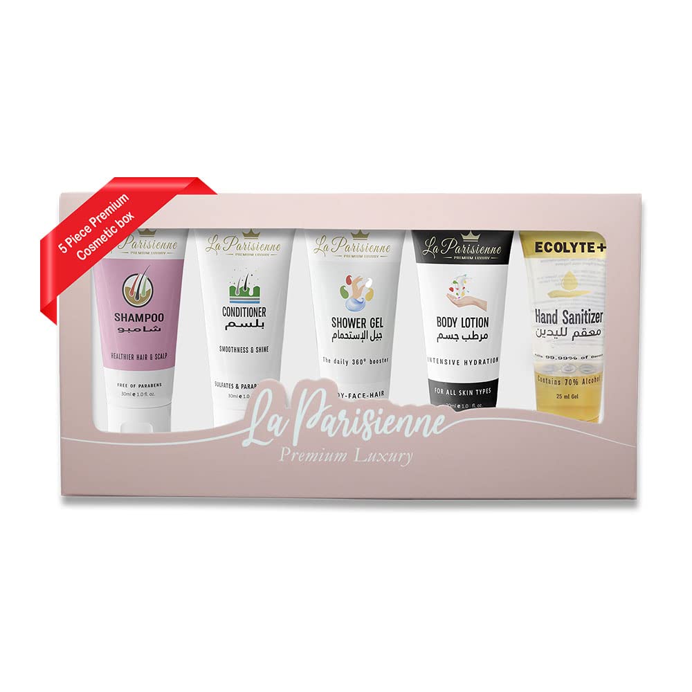 ECOLYTE+ Travel Box La Parisienne Premium Luxury, 30ml each [Shampoo, Conditioner, Shower Gel, Body Lotion & Hand Sanitizer] Unisex Gift Hamper for Occasions. All Skin Types (Luxury Pink, 5 Pcs Set)