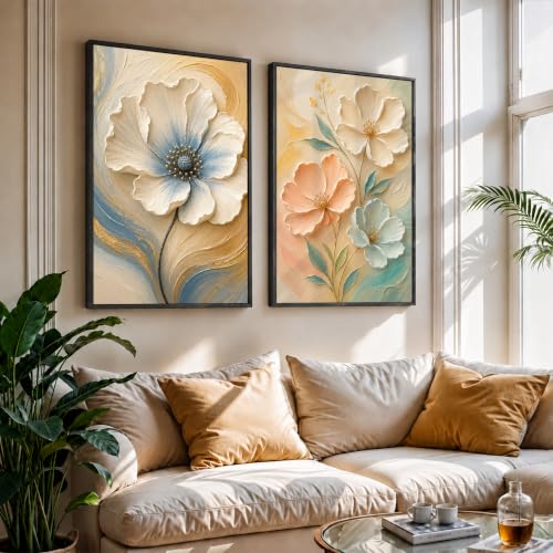 Image of NoWorries Floral Wall Painting Set of 2 with Frame | Premium White Peach & Blue Flower Botanical Artwork, Elegant Nature Wall Decor for Living Room, Bedroom, Office and Home Decoration (Art-17, 25x37inch)