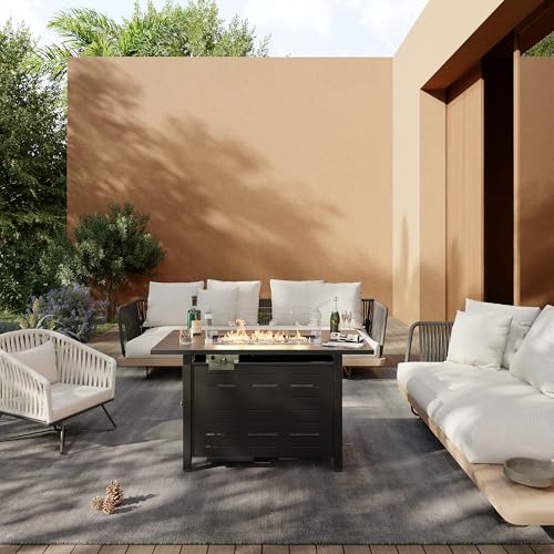 Image of Aoxun 44 inch Propane Fire Pit Table- 60,000 BTU Outdoor Gas Fire Pits with Removable Lid & Waterproof Cover, Lava Rocks Rectangle Gas Firepit Table for Outside Patio Black