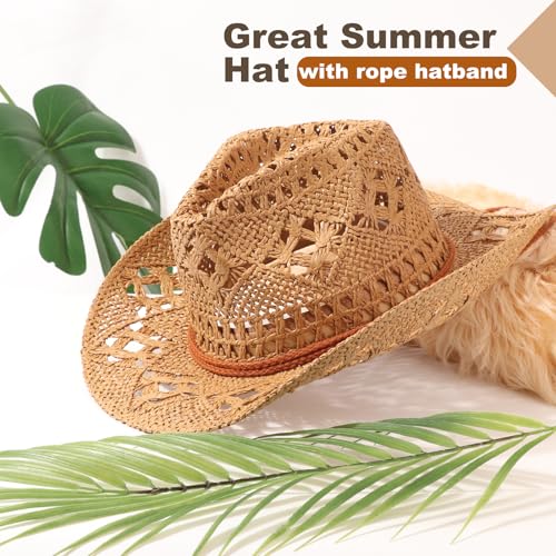 Image of DRESHOW Straw Cowboy Cowgirl Hat for Women Men Western Coastal Cowboy Beach Hat with Shapeable Brim Unisex Rolled up Caps