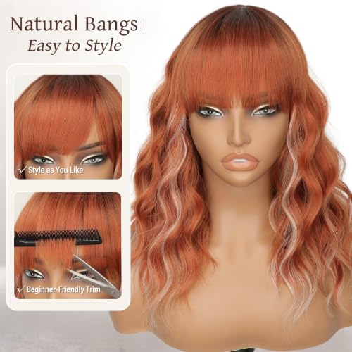 Image of Nnzes Short Wavy Bob Wig with Bangs for Women Shoulder Length Curly Soft Copper Auburn Synthetic Heat-Resistant Fiber Hair for Daily & Party Use