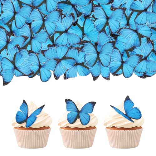 60 pieces Wafer Paper butterfly Cupcakes Baking Decoration Wedding Festival Dessert Food Decoration Plug-In (Blue)