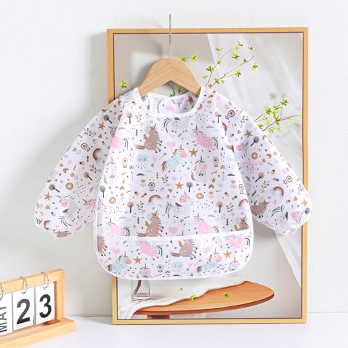 Sleeved Bib,5 Pack,Waterproof Shirt Bibs for Baby 3-24 Months Wipe Clean2