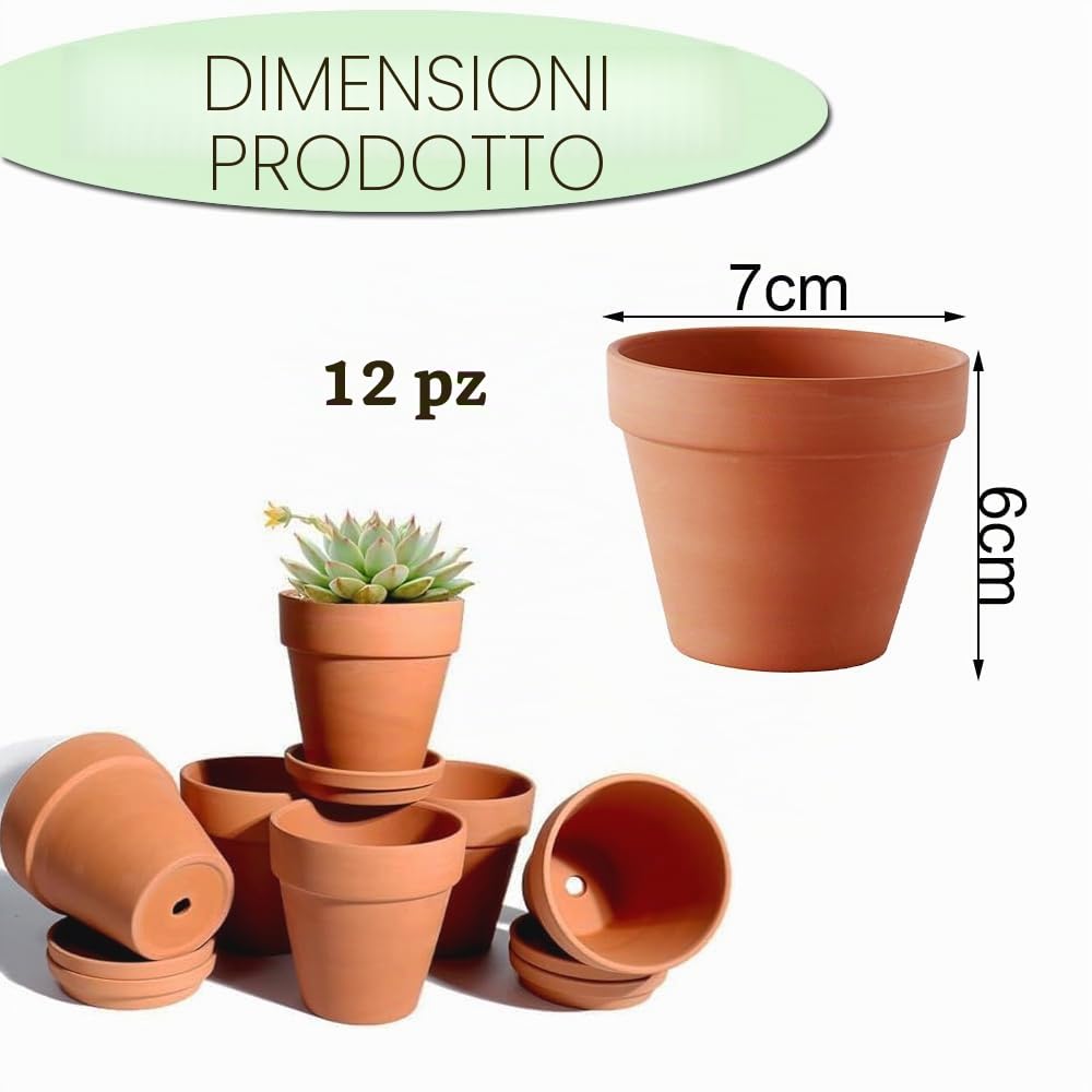 12 vasi terracotta da 7 x 6 cm, piccoli con foro di scarico, ideali per fai-da-te, riutilizzabili, per piante in appartamenti e uffici