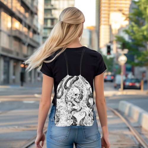 Image of jejeloiu Sugar Skull Drawstring Backpack 13x15.7inch Snake Boho Rose Waterproof Gym Drawstring Bags Gothic Art Sports String Backpack Beach Swim Travel Bag Sackpack