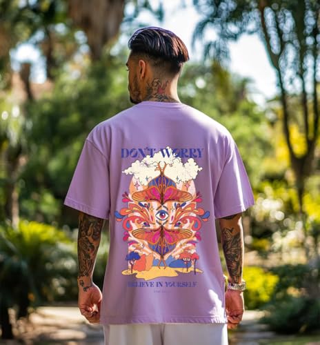 Image of Veirdo Pure Cotton Oversized Baggy Fit Drop Shoulder Stylish and Graphic Printed Round Neck Half Sleeves T-Shirt for Men (Available Color Options: Black, Green, Royal Blue, Lilac & Sky Blue)