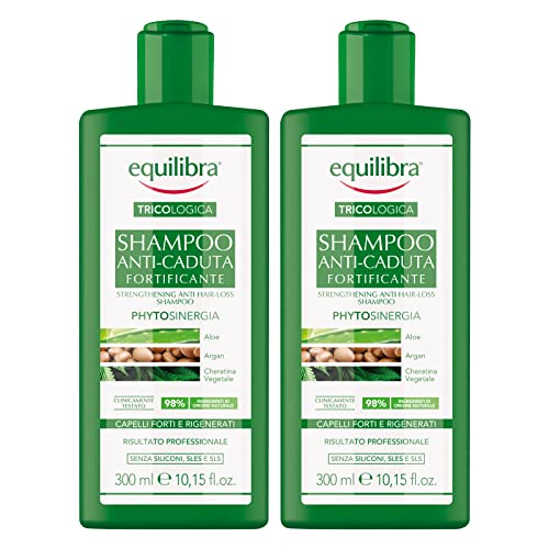 2x Equilibra Tricologica Shampoo Anti-Caduta Capelli Fortificante Phytosinergia Nutriente con Aloe Vera Olio di Argan e Cheratina Vegetale - 2 Flaconi da 300ml