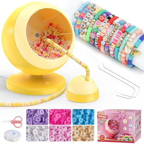 ETUDAW Bead Spinner, 4500 PCS Clay Beads and Electric Bracelet Maker with Needles and Thread for Bracelets, Necklace, Charms, DIY Birthday Gifts(Yellow)