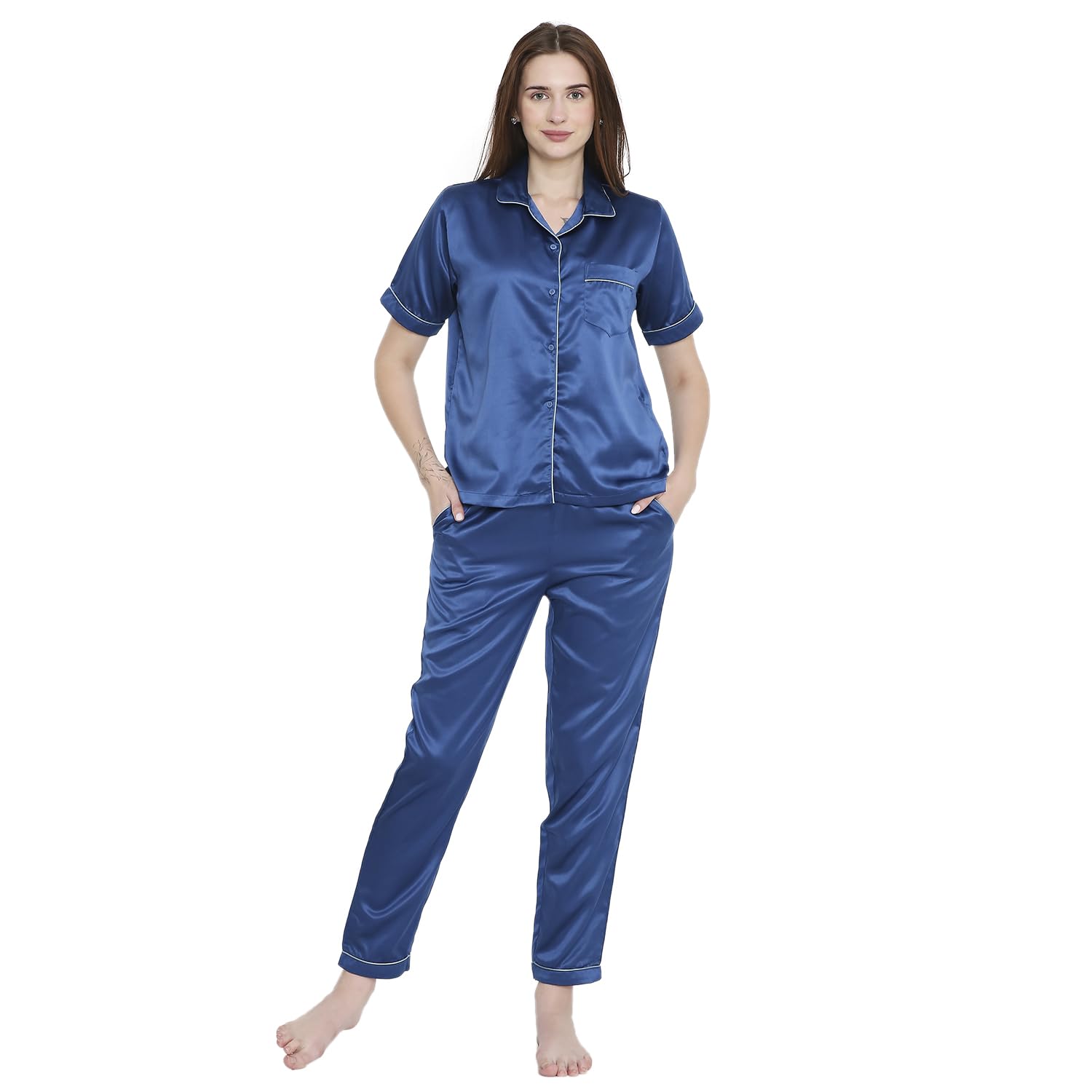 Women's Satin Solid Night Suit Shirt & Pyjama Set-image-13