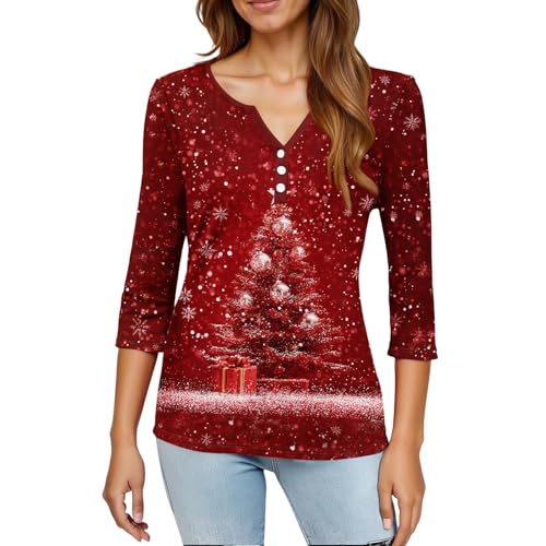 Image of Women Christmas Shirt 3 /4 Length Sleeve Henley Tops Xmas Outfits