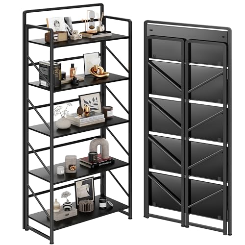 Image of JSB No Assembly Folding Bookshelf, 5 Tier Industrial Metal Book Shelf for Storage, Vintage Wood Foldable Bookcase for Living Room, Bedroom, Office Organization Shelves