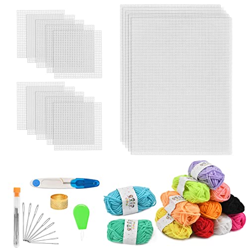 OctBird 39Pcs Plastic Canvas Kit Mesh Plastic Canvas Sheets Kit Including 15 Pieces Clear Plastic Canvas 12 Color Acrylic Yarn and Embroidery Tools for Embroidery Plastics Canvas Craft