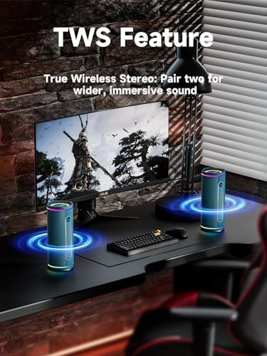Image of MLOVE E80 Speakers Bluetooth Wireless, Portable Bluetooth Speaker with Aux Input, Micro SD Card Slot, Bass Boost, Dual Pairing, Lights, IPX7 Waterproof, BT5.4 for Outdoor, Travel, Car, TV, 30W, Blue