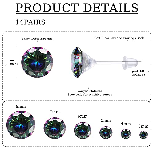 LOLIAS 12Pairs Clear Earrings Plastic Post Stud Earrings for Women Plastic Earrings for Sensitive Ears Clear Piercing Retainer for Sport Work Crystal Stud Earrings Pack2
