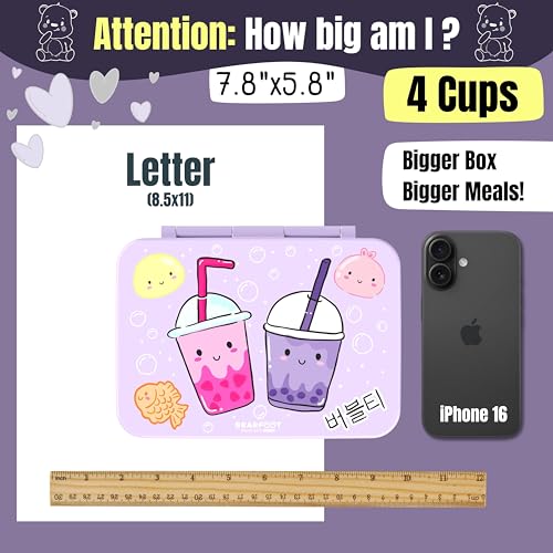 Image of BEARFOOT Kids Lunch Box with Compartments - Compact & Lightweight | Leak-Proof, BPA-Free, Dishwasher Safe | Hand-Drawn Design for Preschool, School, Travel (BubbleTea Purple, 4 Cups)