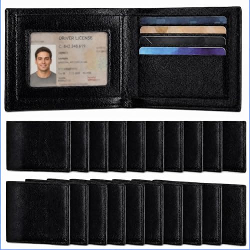 SilTriangle 24 Pcs Mens Bulk Gifts Leather Photo Wallet Slim Bifold, Fathers Day Thank You Gifts for Employees Coworkers(Black)