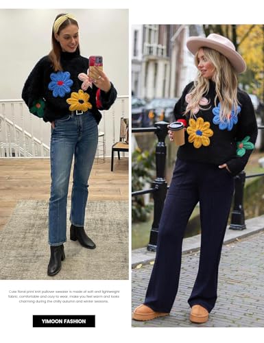 Image of Yimoon Women's Cropped Floral Sweater 2024 Fall Winter Cute Crochet Flower Long Sleeve Knit Pullover Tops(Black-S)