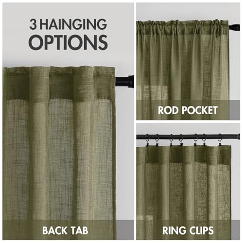 MIULEE Light Olive Green Linen Curtains 63 Inch Length 2 Panels for Bedroom Living Room, Soft Linen Textured Natural Kitchen Window Drapes Semi Sheer Light Filtering Back Tab Rod Pocket Burlap Look