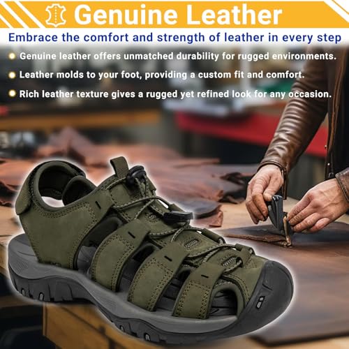 Mens Hiking Sandals Closed Toe Walking Sport Leather Comfortable Waterproof Summer Outdoor Beach Athletic Trail River Fishing Fisherman Military-Green2
