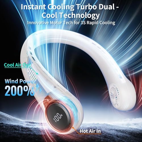 Image of Portable Neck Fan with 6000mAh USB - Rechargeable Battery, Ultra-Light Bladeless Neck Fan LED Display, 360 Cooling Wearable Fan, 3 Speeds-White