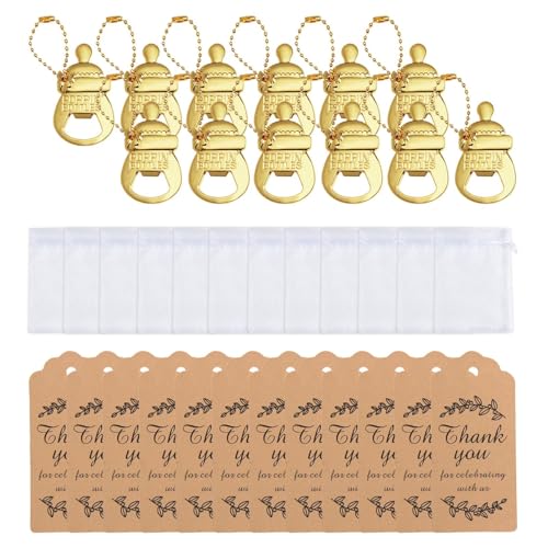 Hogvinnatil Apribottiglie per baby shower, regalo per ospiti – 12 regali per biberon – multifunzione e simpatico souvenir con sacchetto di organza per chiavi della concessionaria auto