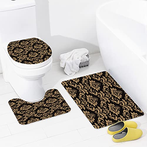 Badematte Badvorleger Set 3-tlg. Teppich, Altes Goldblumenmuster-barocker Damast-reich abstrakte schwarze dunkle venetia… – Bild 4