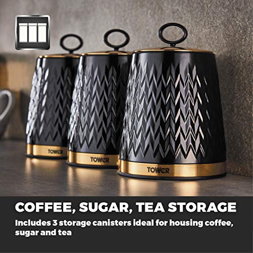 Tower T826091BLK Empire Set of 3 Storage Canisters for Tea Coffee Sugar, 1.3L, Black and Brass - Image 5