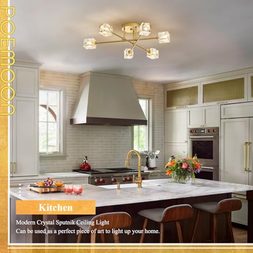 Image of Modern Crystal Semi Flush Mount Ceiling Light Gold Sputnik Chandeliers 6 Lights Industrial 26 inch Chandelier for Foyer Entryway Kitchen Bedroom Living Room Dining Room