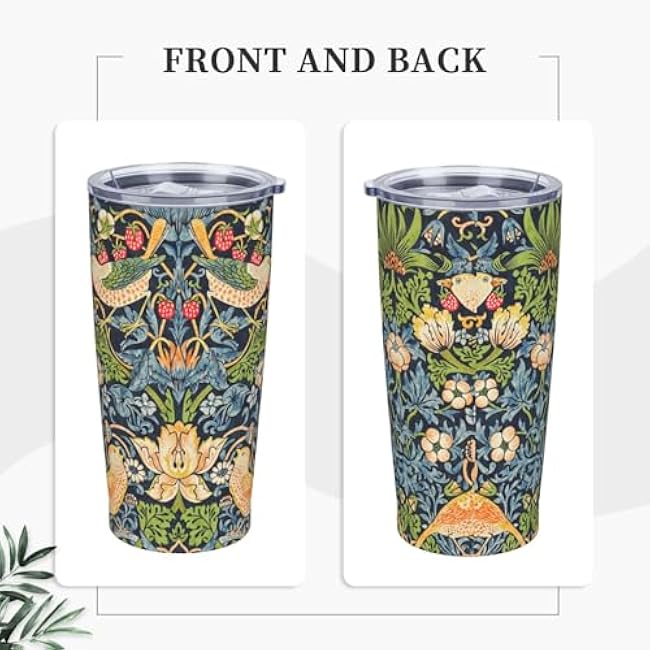 William Morris Strawberry Thief Floral 20oz Tumbler Double Wall Stainless Steel Vacuum Insulated Travel Mug with Splash-Proof Lid Metal Straw and Brush