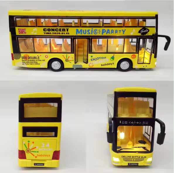 Image of Diecast Double Decker Travel Bus Toy Metal Alloy for Kids Light Music Open Door Collection Friction Powered Toys for Boy Kids (Blue)
