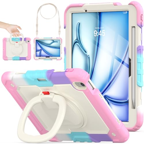 SEYMAC stock iPad Air(M3/M2) 11インチ（2025/2024）リングハンドル耐衝撃ケース 保護フィルム付き前面カバー ペン収納 360°回転リングハンドルスタンド ショルダーストラップ iPad Air 11 第7/6世代専用型（色とりどりピンク）