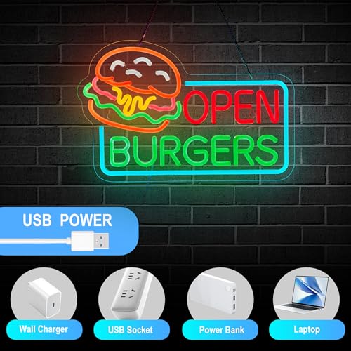 Image of Burgers Open Neon Sign for Wall Decor Dimmable Business Hamburger Food Shop LED Neon Light USB Powered Neon Art Signs Decor
