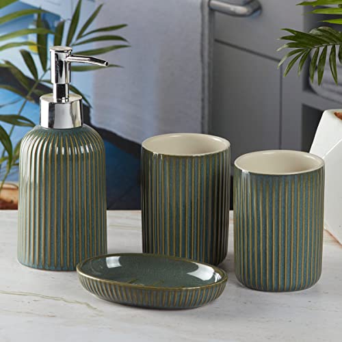 Image of SaSaSa Ceramic Bathroom Accessories Set of 4 Modern Bath Set with Soap Dispenser & Toothbrush Holder, Luxury Home & Gift Idea, Green (9903)