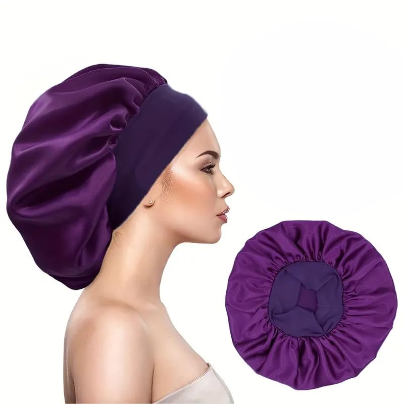 Gorro de satén para dormir cabello rizado con banda elástica ancha, anti frizz, protector de rizos y retención de humedad para mujeres y niñas, Gorro de ducha, Elástico, Morado