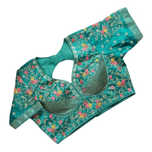 sangam prints Ocean Green Satan Silk Free Size Stitched Blouse with Traditional Embroidery Work-picture-16